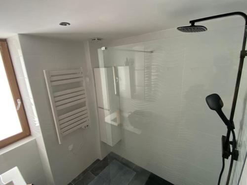 une salle de bain avec une douche avec une porte vitrée dans l'établissement Duplex au village Bolquere-Pyrénées 2000 ski-été, à Bolquère-Pyrénées 2000