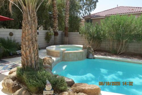 a swimming pool with a palm tree in a yard at Elegant beautiful home With Pool & Heated Spa in Las Vegas