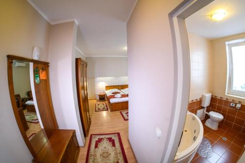 a bathroom with a bath tub and a bedroom at Hotel Transilvania in Cluj-Napoca