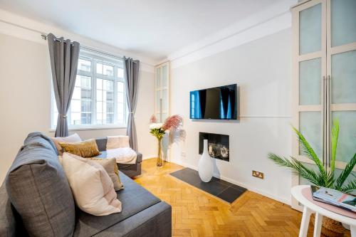 a living room with a couch and a fireplace at Welcome London Buckingham Palace in London