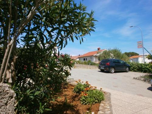 samochód zaparkowany na parkingu z drzewem w obiekcie Apartment Lilly with outdoor Trampoline and Grill w Krku