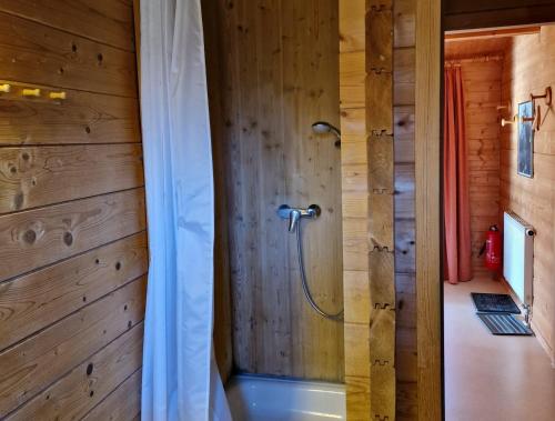 ein Bad mit einer Dusche an einer Holzwand in der Unterkunft Ferienhaus Neckar 34 in Hayingen
