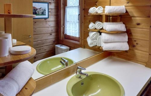 a bathroom in a log cabin with a sink and a mirror at Ferienhaus Neckar 71 in Hayingen