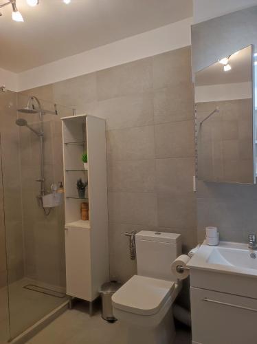 a bathroom with a toilet and a shower and a sink at grand hill panorama in Cluj-Napoca