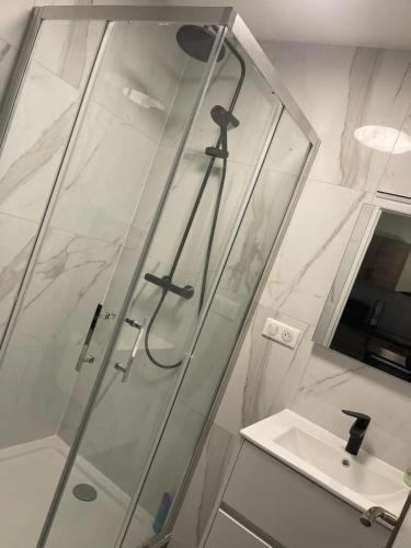 une douche avec une porte vitrée à côté d'un lavabo dans l'établissement Le Charles III : Élégance et Sérénité, à Nancy