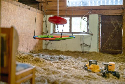 a toy truck and a boat hanging from a ceiling at Grundhof in Oberprechtal