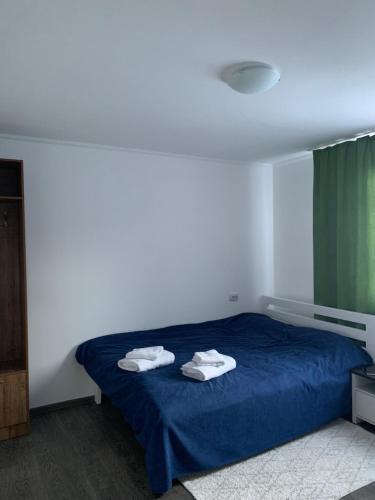 a bedroom with a blue bed with towels on it at Серце Карпат in Yasinya