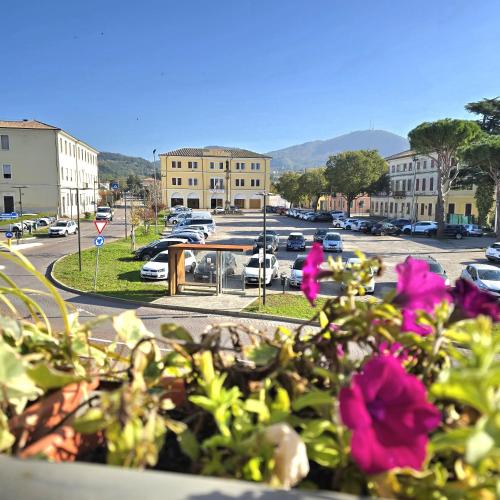 a view of a parking lot with cars parked at Locanda al Sole - Vo' in Vo Euganeo