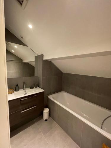 une salle de bain avec une baignoire et un lavabo dans l'établissement Duplex les Myrtilles LES CARROZ centre station, aux Carroz d'Arâches