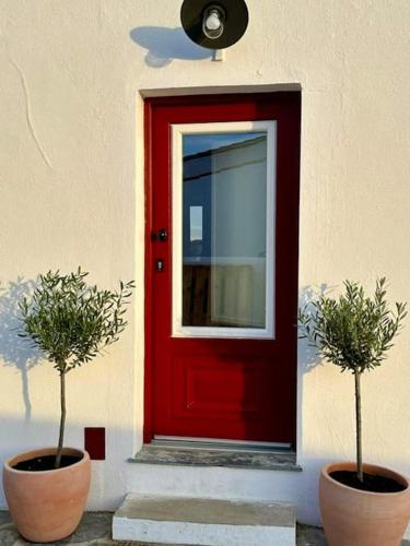 a red door with two potted plants in front of it at Monte de Santa Rita in Évora Monte