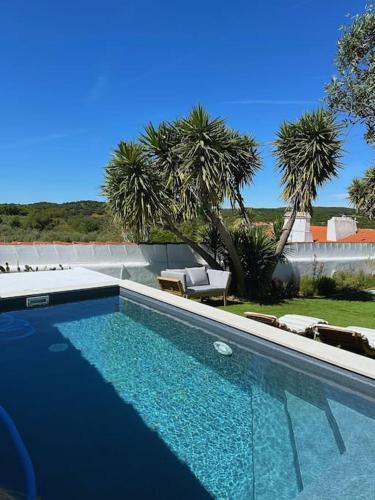 a blue swimming pool in a yard with palm trees at Monte de Santa Rita in Évora Monte