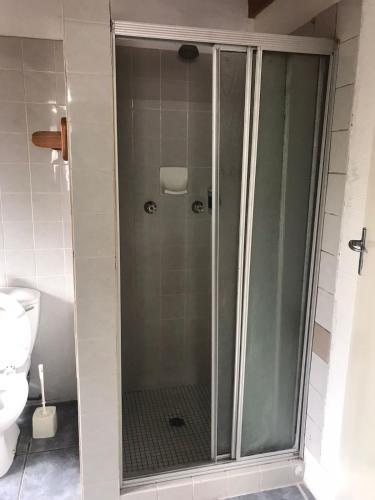 a glass shower in a bathroom with a toilet at Menlyn Mews Guesthouse in Pretoria