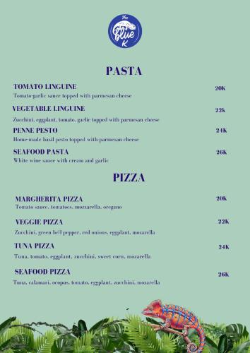 a page of a menu for a pasta restaurant at Kameleon Blue in Kizimkazi