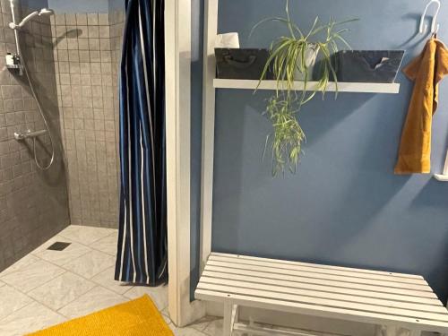 a bathroom with a blue wall with a bench and a plant at Rørvig Bed & Kitchen in Rørvig