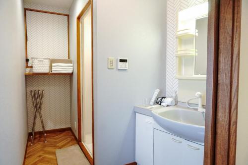 a white bathroom with a sink and a mirror at Oyado HALUBALL in Takayama