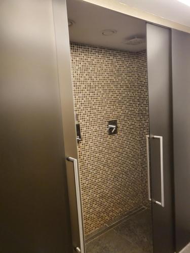 a bathroom stall with a shower with a tiled wall at Resident Harrachov Apartment Katrin Wellness Grotta Spa FREE in Harrachov