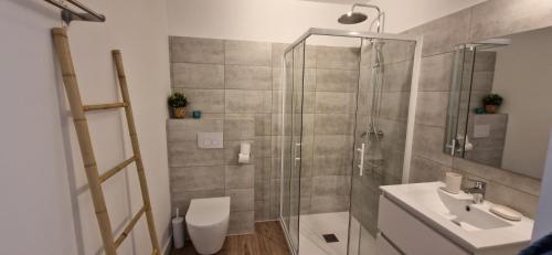 une salle de bain avec une douche, des toilettes et un lavabo dans l'établissement Eden Cala Rossa appartement 3 chambres et grande terrasse dans résidence hotelière Fiori di Cala Rossa à Lecci, à Lecci