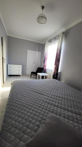 a bedroom with a bed and a chair and a window at Apartamenty Motyl in Żywiec