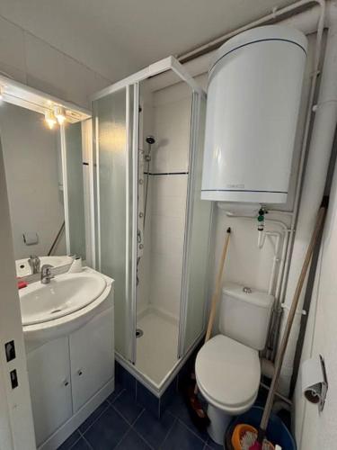 une salle de bain avec une douche, des toilettes et un lavabo dans l'établissement Super studio à la résidence Cantoural, à Le Plan