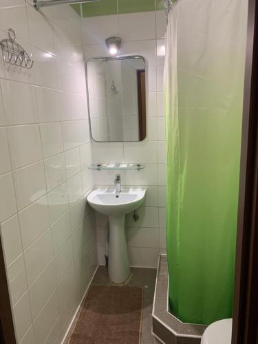 a bathroom with a sink and a mirror and a shower at Центр автотуризму М12 in Krasnopolka