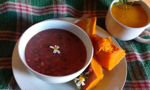 a bowl of soup on a plate with a bowl of food at Vanista Dica- Dancing Bamboo in Isle