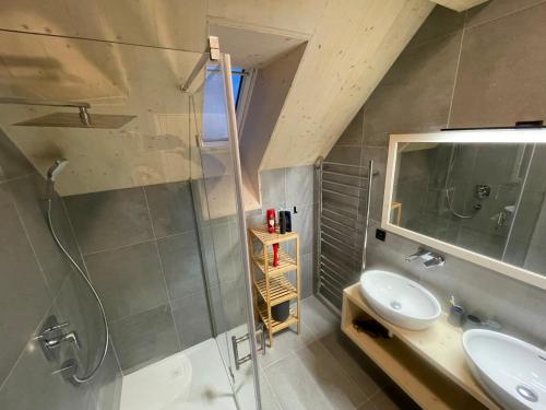a bathroom with two sinks and a glass shower at Villa Chalet Bledule-wellness & sauna in Roprachtice