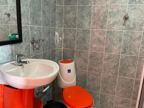a bathroom with a red toilet and a sink at Biohotel Caribe Green in Santa Marta