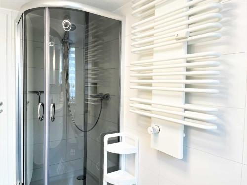 a bathroom with a shower and a glass shower stall at Ferienhaus Zschieck in Torno