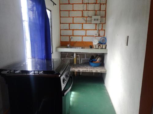 a small kitchen with a stove and a sink at Biohotel Caribe Green in Santa Marta