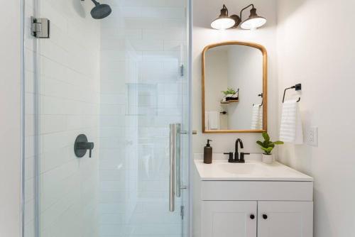 チャールストンにあるSouthern Charm with Hot Tub 10 min from Downtown!の洗面台と鏡付きシャワーを備えたバスルーム