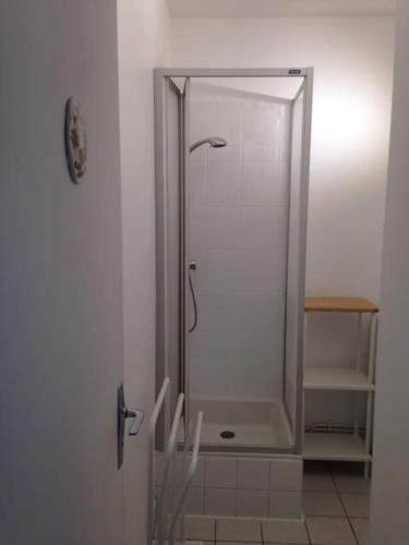 une douche avec une porte vitrée dans une salle de bain dans l'établissement F2 et JARDINET FACE ET ACCES DIRECT MER, à Bernières-sur-Mer
