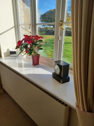 a window sill with a clock and flowers on it at Rusling House in Bristol