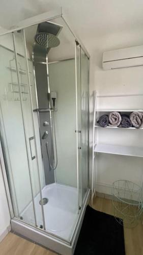 - une douche avec une enceinte en verre dans l'établissement Maison chaleureuse bord de mer, à Plérin