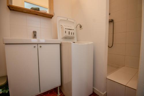 La petite salle de bains est pourvue d'un évier et d'un réfrigérateur. dans l'établissement New! Joli T2 mezzanine en centre ville, à Aix-en-Provence