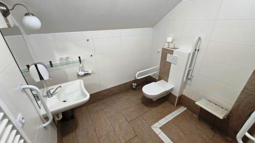 a white bathroom with a toilet and a sink at Dvůr Perlová voda in Budyně nad Ohří