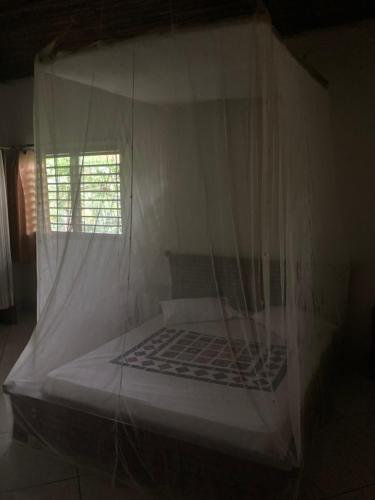 a canopy bed in a room with a window at Villa Soa in Hell-Ville