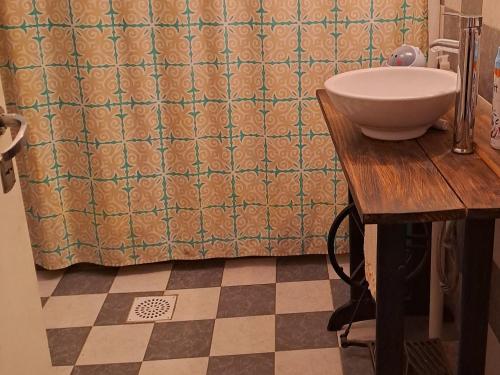 Un baño con lavabo y cortina de ducha. en La Finca 1, en Río Gallegos
