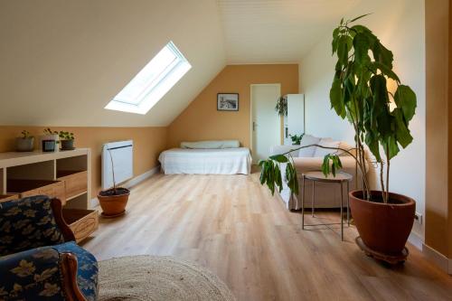 a bedroom with a bed and a potted plant at Maison de campagne au calme in La Selle-en-Hermoy