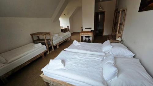 three beds in a room with white sheets and pillows at Dvůr Perlová voda in Budyně nad Ohří