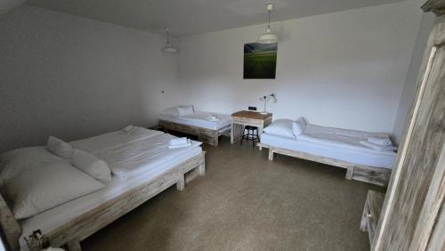 a room with two beds and a table with a chair at Dvůr Perlová voda in Budyně nad Ohří