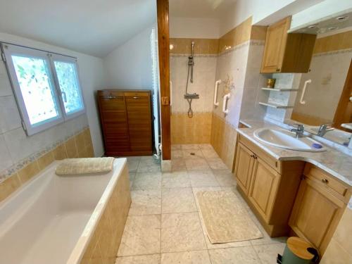 une grande salle de bain avec une baignoire et un lavabo dans l'établissement Maison de famille Les Hirondelles, à Saint-Maurice-sur-Fessard