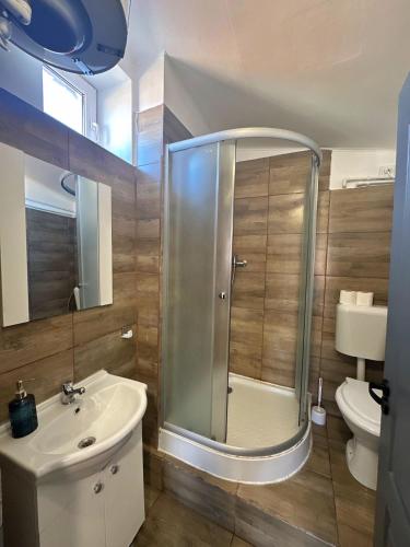 Un baño con ducha, lavabo e inodoro. en Residence Ultracentral Brasov, en Brasov