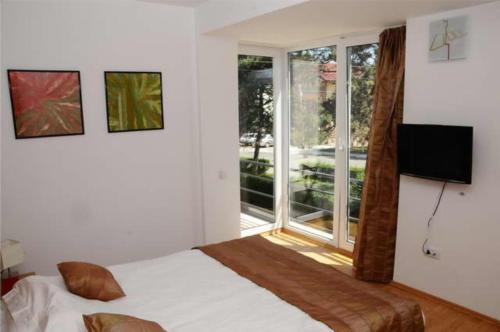 ein Schlafzimmer mit einem Bett, einem Fernseher und einem Fenster in der Unterkunft Vila Cube in Eforie Nord
