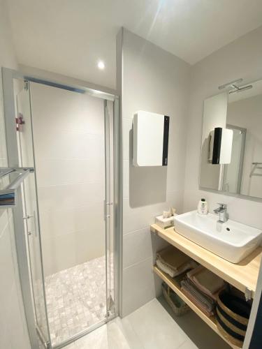 une salle de bain avec douche et lavabo dans l'établissement Appartement Douarnenez, Treboull hag ar mor, à Douarnenez