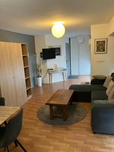 a living room with a couch and a table at Grand studio centre ville St Pierre in Cholet