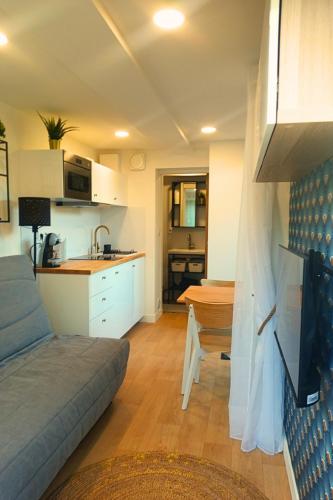 - une cuisine et un salon avec un lit dans une chambre dans l'établissement La Promenade des 2 Pins - Chic, à Poisat