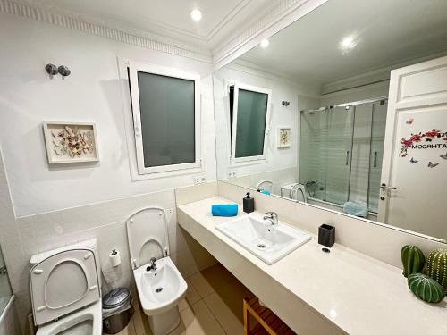 a bathroom with a toilet and a sink at Alojamiento Gran via in Barcelona