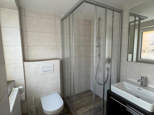 a bathroom with a shower and a toilet and a sink at Hotel Dr Otto Murr B&B in Sankt Anton am Arlberg