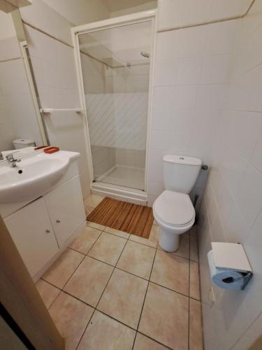 une salle de bain avec toilettes, lavabo et douche dans l'établissement Appartement avec piscine à 2 pas de la plage, à Linguizzetta