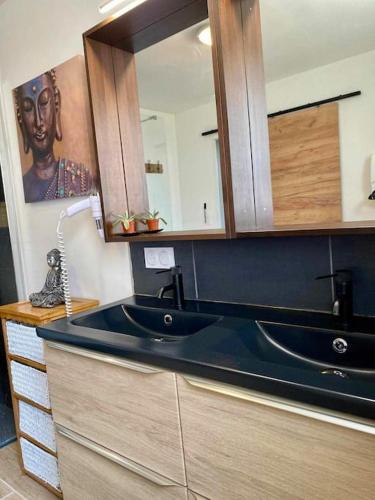 - une cuisine avec un évier noir et un miroir dans l'établissement Gites L etape conviviale, à Guitté